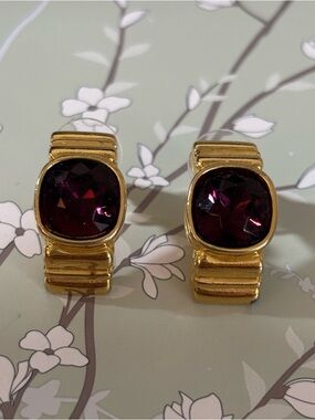 Retro Givenchy Gold-Tone Earrings with Deep Purple Accents - Women Jewelry
